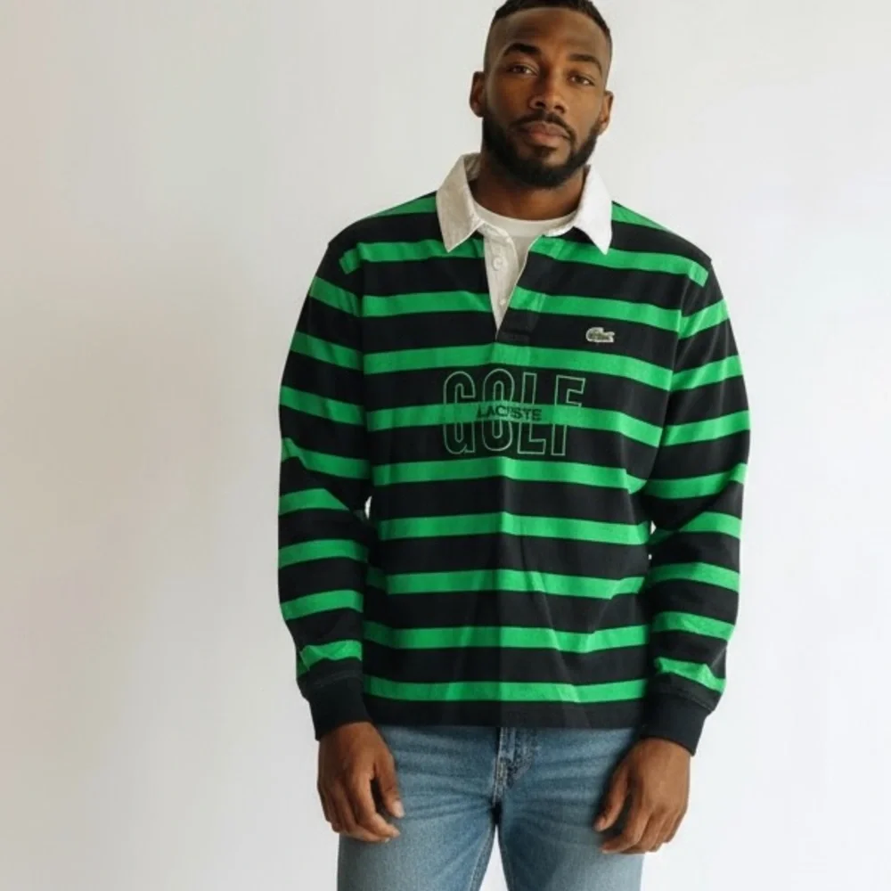 Lacoste Relaxed Fit Striped Rugby Shirt – Black & Green “GOLF” Logo XS 34
